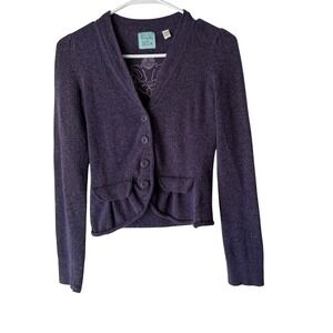Kimchi‎ Anthropologie Purple Wool Blend Cardigan Sweater Ruffle Feminine Fairy